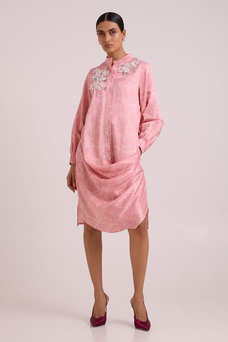 Buy_Madder Much_Pink Bemberg, Cotton Satin Sequins, Beads, Embroidery Leya Rose Water Dress _Online_at_Aza_Fashions