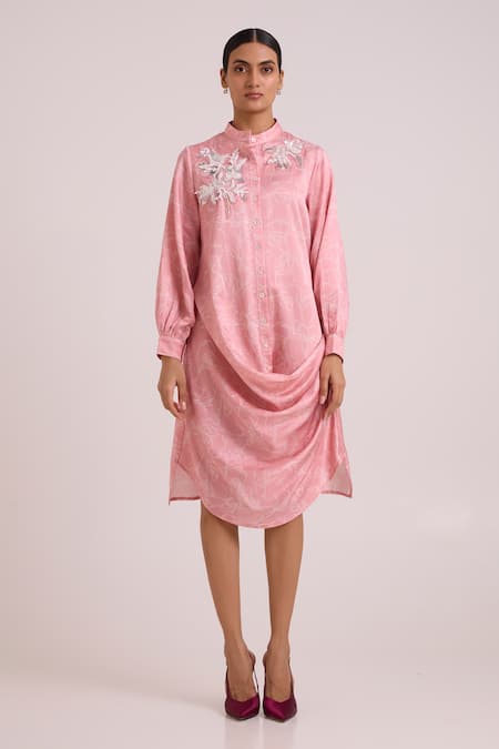 Shop_Madder Much_Pink Bemberg, Cotton Satin Sequins, Beads, Embroidery Leya Rose Water Dress _Online_at_Aza_Fashions