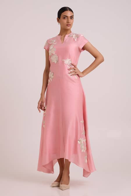 Madder Much_Pink Chanderi Silk Embroidery, Sequins Split V-neck Lizzy Blush Prism Dress _Online_at_Aza_Fashions