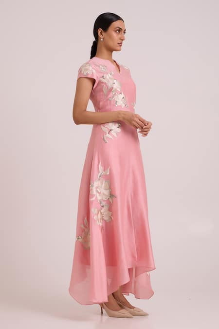 Shop_Madder Much_Pink Chanderi Silk Embroidery, Sequins Split V-neck Lizzy Blush Prism Dress _Online_at_Aza_Fashions