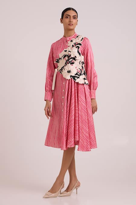 Madder Much_Pink Cotton Satin, Bemberg Comet Crossbody Bib With Serial Shirt Dress _Online_at_Aza_Fashions