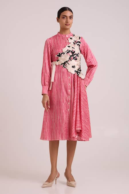 Buy_Madder Much_Pink Cotton Satin, Bemberg Comet Crossbody Bib With Serial Shirt Dress _Online_at_Aza_Fashions