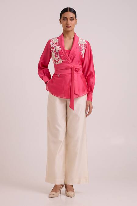 Buy_Madder Much_Pink Chanderi Silk Embroidery, Mirrors Petra Wrap Blazer With Pant _Online_at_Aza_Fashions