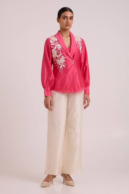 Shop_Madder Much_Pink Chanderi Silk Embroidery, Mirrors Petra Wrap Blazer With Pant _Online_at_Aza_Fashions