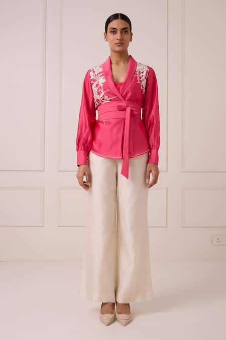Madder Much_Pink Chanderi Silk Embroidery, Mirrors Petra Wrap Blazer With Pant _at_Aza_Fashions