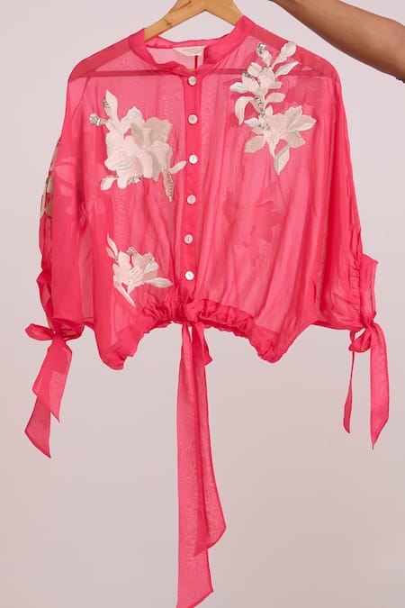 Madder Much_Pink Organza Embroidery, Sequins Mandarin Raspberry Emery Sheer Bomber Jacket _Online_at_Aza_Fashions