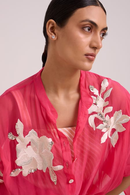 Buy_Madder Much_Pink Organza Embroidery, Sequins Mandarin Raspberry Emery Sheer Bomber Jacket _Online_at_Aza_Fashions