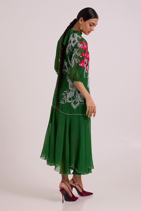 Madder Much_Green Organza, Satin Embroidery, Beads High Neck Reine Soft Bloom Dress _Online_at_Aza_Fashions