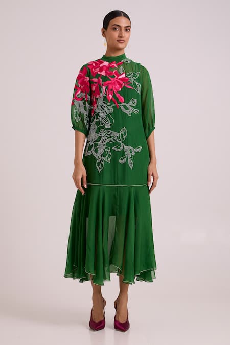 Shop_Madder Much_Green Organza, Satin Embroidery, Beads High Neck Reine Soft Bloom Dress _Online_at_Aza_Fashions