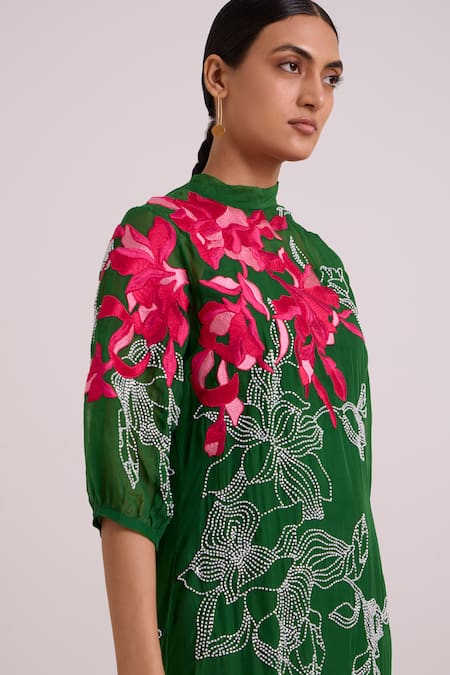 Madder Much_Green Organza, Satin Embroidery, Beads High Neck Reine Soft Bloom Dress _at_Aza_Fashions