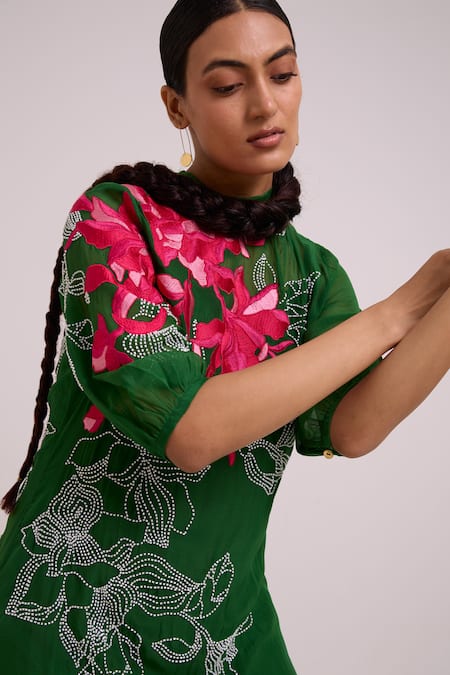 Buy_Madder Much_Green Organza, Satin Embroidery, Beads High Neck Reine Soft Bloom Dress 