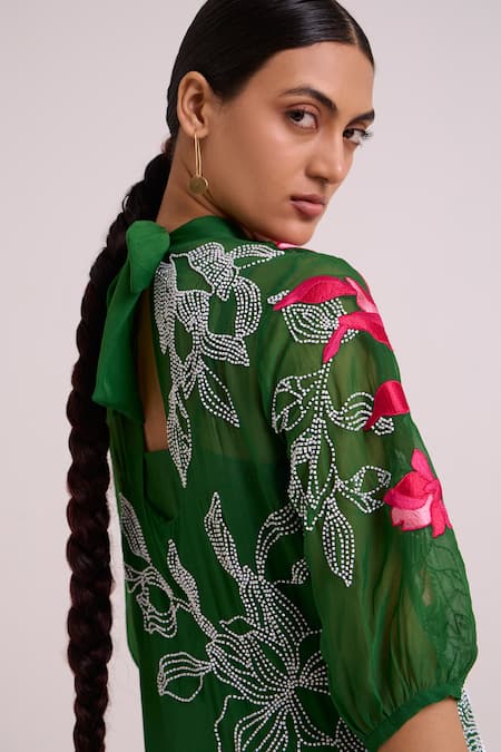 Shop_Madder Much_Green Organza, Satin Embroidery, Beads High Neck Reine Soft Bloom Dress 