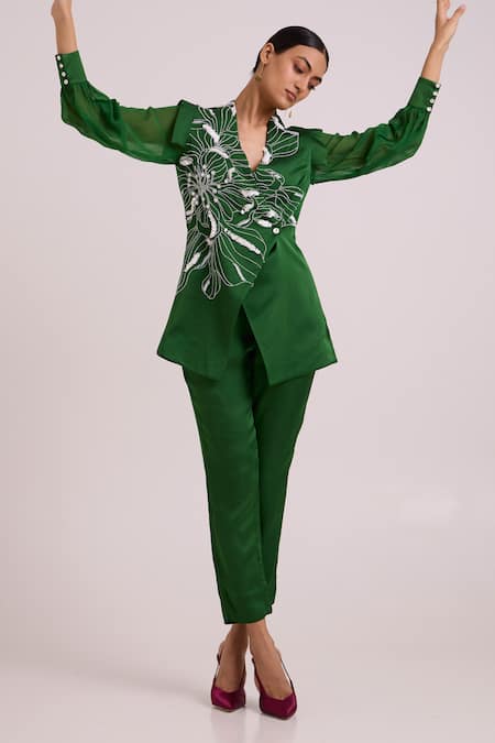 Madder Much_Green Linen, Satin, Rayon Embroidery, Beads, Kenzo Large Flower Blazer With Pant _Online_at_Aza_Fashions