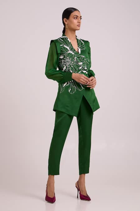 Buy_Madder Much_Green Linen, Satin, Rayon Embroidery, Beads, Kenzo Large Flower Blazer With Pant _Online_at_Aza_Fashions