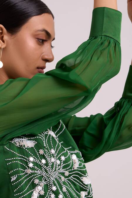 Shop_Madder Much_Green Linen, Satin, Rayon Embroidery, Beads, Kenzo Large Flower Blazer With Pant _Online_at_Aza_Fashions