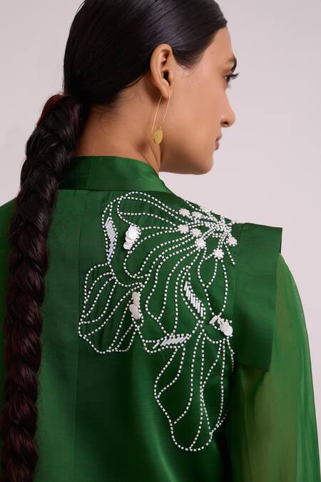 Madder Much_Green Linen, Satin, Rayon Embroidery, Beads, Kenzo Large Flower Blazer With Pant _at_Aza_Fashions
