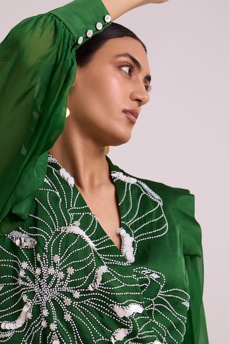 Buy_Madder Much_Green Linen, Satin, Rayon Embroidery, Beads, Kenzo Large Flower Blazer With Pant 