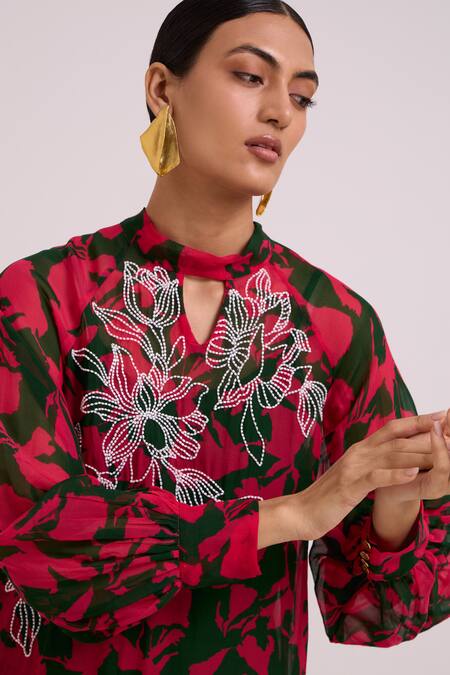 Buy_Madder Much_Pink Organza, Rayon, Bemberg, Cotton Satin Shirley Superpose Tunic And Pant Set _Online_at_Aza_Fashions