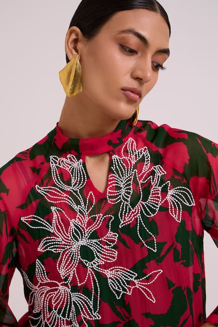 Madder Much_Pink Organza, Rayon, Bemberg, Cotton Satin Shirley Superpose Tunic And Pant Set _at_Aza_Fashions