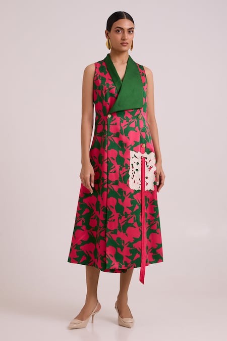 Madder Much_Pink Cotton Satin, Bemberg V-neck, Collared Taylor Overlap Long Blazer Dress _Online_at_Aza_Fashions