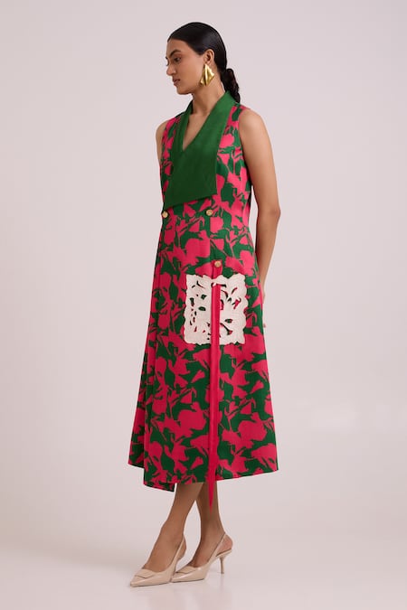 Buy_Madder Much_Pink Cotton Satin, Bemberg V-neck, Collared Taylor Overlap Long Blazer Dress _Online_at_Aza_Fashions