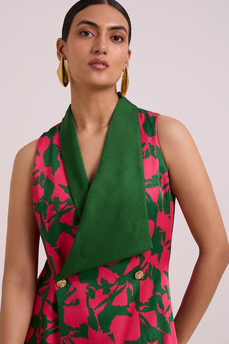 Madder Much_Pink Cotton Satin, Bemberg V-neck, Collared Taylor Overlap Long Blazer Dress _at_Aza_Fashions