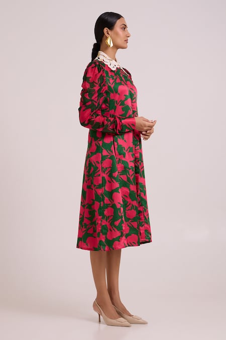 Madder Much_Pink Bemberg, Cotton Satin Embroidery Collared Fenix A Writers Midi Dress _Online_at_Aza_Fashions