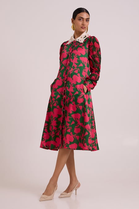 Buy_Madder Much_Pink Bemberg, Cotton Satin Embroidery Collared Fenix A Writers Midi Dress _Online_at_Aza_Fashions