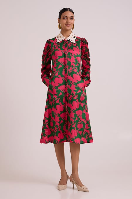Shop_Madder Much_Pink Bemberg, Cotton Satin Embroidery Collared Fenix A Writers Midi Dress _Online_at_Aza_Fashions