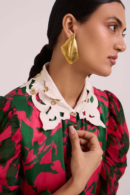 Shop_Madder Much_Pink Bemberg, Cotton Satin Embroidery Collared Fenix A Writers Midi Dress 