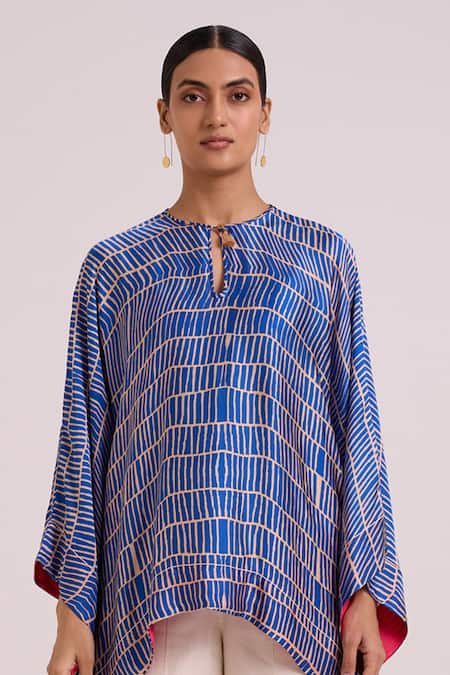 Madder Much_Blue Georgette, Satin, Chanderi Silk Sabrina Electric Cloud Top With Pant _at_Aza_Fashions