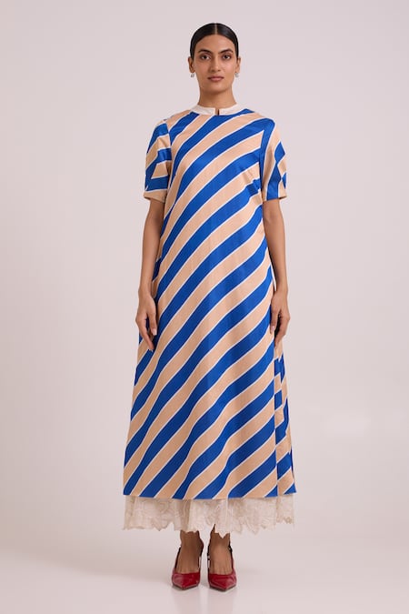 Madder Much_Multi Color Cotton Satin, Bemberg Lace Round Neck Roshny The Empress Long Dress _Online_at_Aza_Fashions