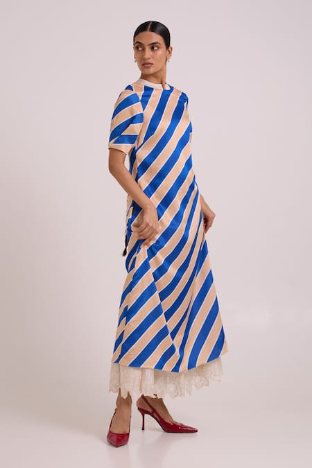 Buy_Madder Much_Multi Color Cotton Satin, Bemberg Lace Round Neck Roshny The Empress Long Dress _Online_at_Aza_Fashions