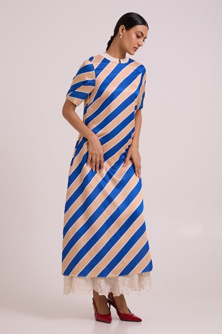 Madder Much_Multi Color Cotton Satin, Bemberg Lace Round Neck Roshny The Empress Long Dress _at_Aza_Fashions