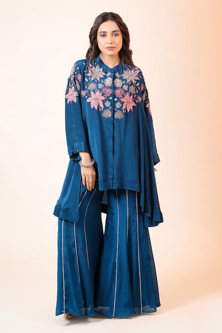 Myra Clothing Line Floral Embroidered Peplum Top & Flared Pant Set 