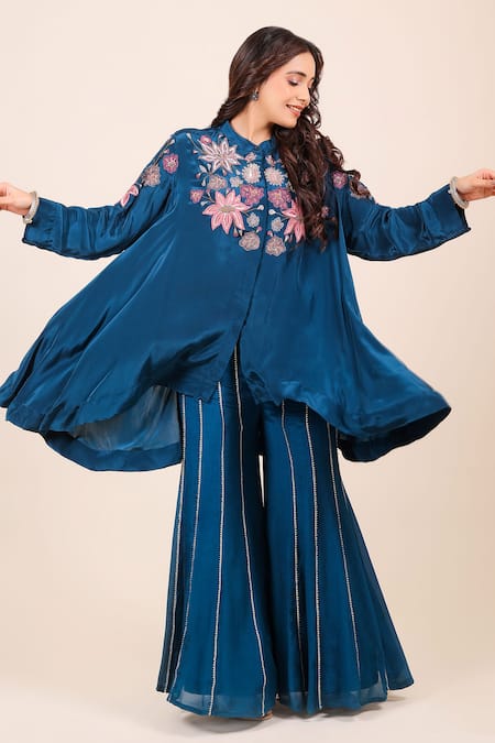Buy Myra Clothing Line Blue Crepe, Chinon Embroidery Collared, Floral Peplum Top And Flared Pant Set Online at Aza Fashions Buy_Myra Clothing Line_Blue Crepe, Chinon Embroidery Collared, Floral Peplum Top And Flared Pant Set _Online_at_Aza_Fashions