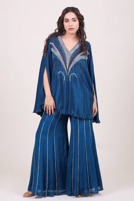 Myra Clothing Line_Blue Crepe, Chinon Beads, Sequins V-neck Embellished Kaftan And Palazzo Set _Online_at_Aza_Fashions