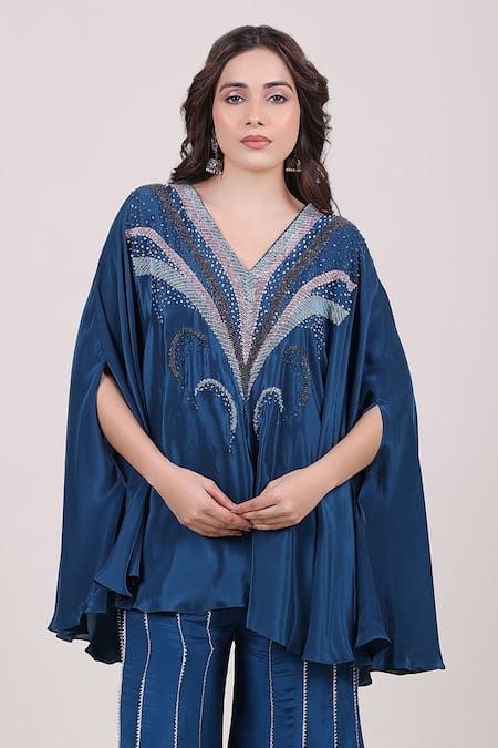 Buy_Myra Clothing Line_Blue Crepe, Chinon Beads, Sequins V-neck Embellished Kaftan And Palazzo Set _Online_at_Aza_Fashions