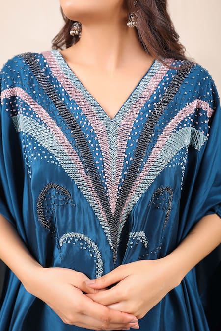 Myra Clothing Line_Blue Crepe, Chinon Beads, Sequins V-neck Embellished Kaftan And Palazzo Set _at_Aza_Fashions