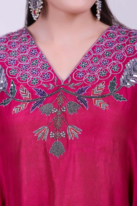 Buy_Myra Clothing Line_Magenta Silk Embroidery, Sequins V-neck Asymmetric Kurta And Dhoti Pant Set _Online_at_Aza_Fashions