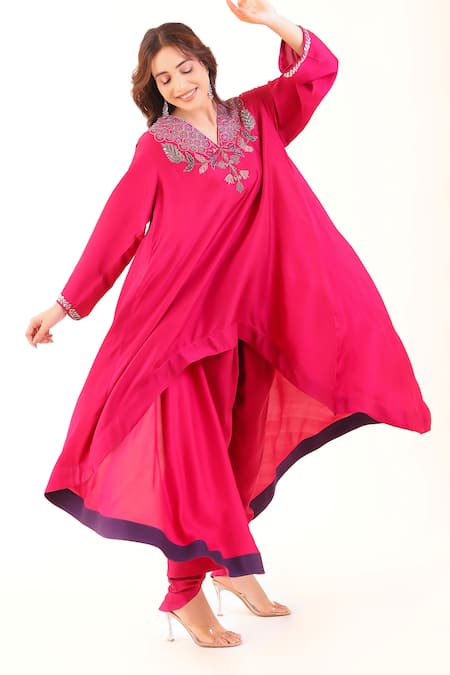 Myra Clothing Line_Magenta Silk Embroidery, Sequins V-neck Asymmetric Kurta And Dhoti Pant Set _at_Aza_Fashions