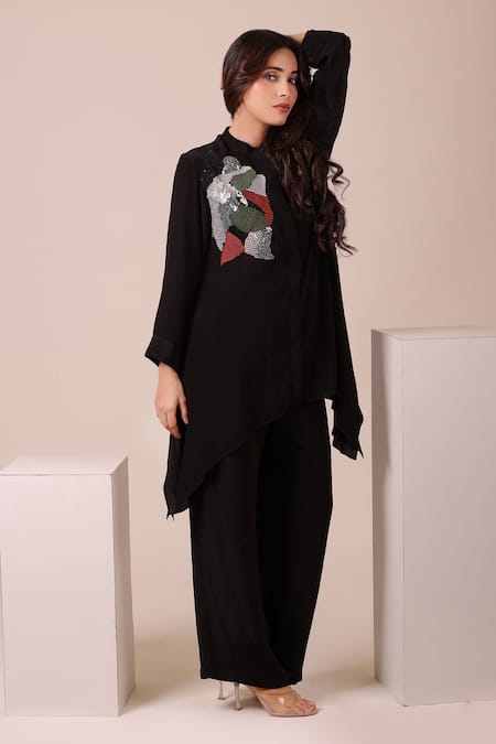 Myra Clothing Line_Black Crepe Sequins Collared, Button-down Neck Asymmetric Tunic And Pant Set _Online_at_Aza_Fashions