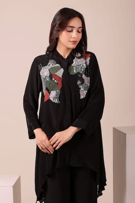 Buy_Myra Clothing Line_Black Crepe Sequins Collared, Button-down Neck Asymmetric Tunic And Pant Set _Online_at_Aza_Fashions