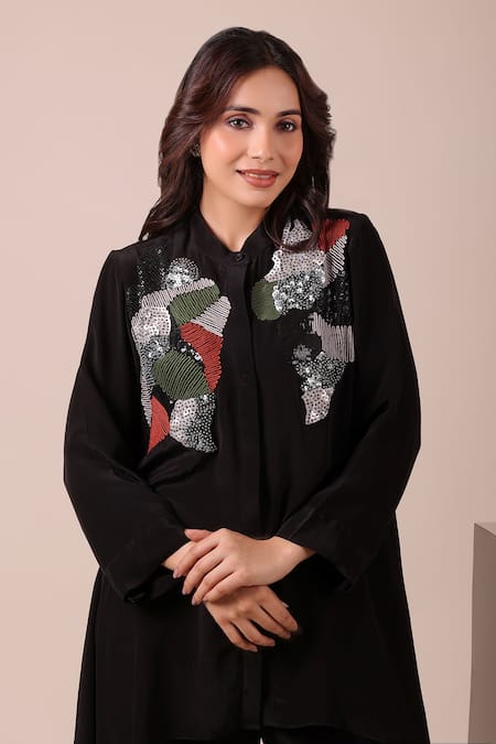 Shop_Myra Clothing Line_Black Crepe Sequins Collared, Button-down Neck Asymmetric Tunic And Pant Set _Online_at_Aza_Fashions