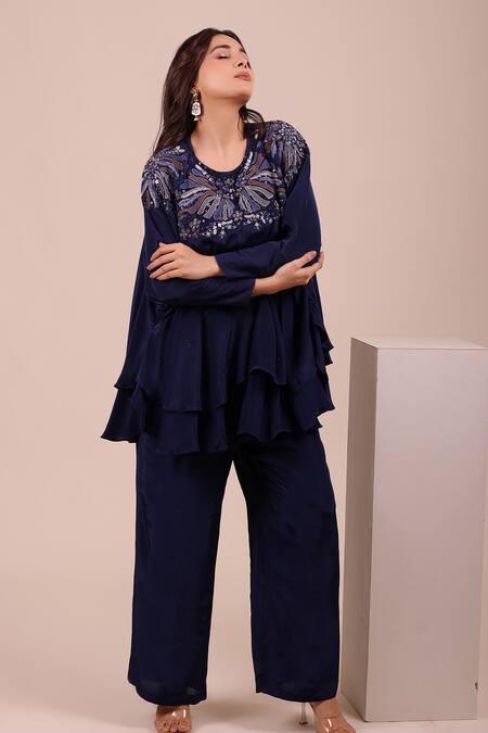 Myra Clothing Line_Navy Crepe Embroidery, Sequins, Beads, Stones Round Neck Ruffled Top And Pant Set _Online_at_Aza_Fashions