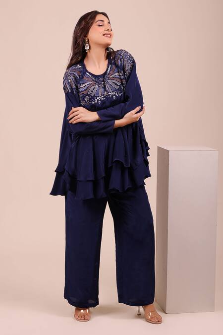 Buy_Myra Clothing Line_Navy Crepe Embroidery, Sequins, Beads, Stones Round Neck Ruffled Top And Pant Set _Online_at_Aza_Fashions