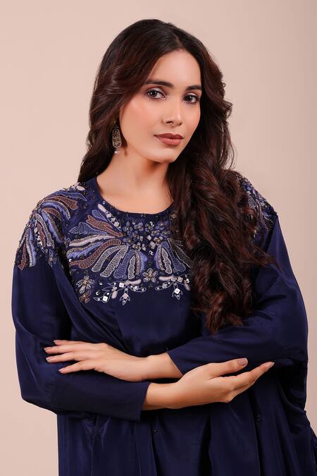 Shop_Myra Clothing Line_Navy Crepe Embroidery, Sequins, Beads, Stones Round Neck Ruffled Top And Pant Set _Online_at_Aza_Fashions