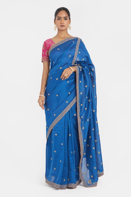 Kora_Blue Organza, Chanderi Embroidery, Zari, Beads, Dori Booti Saree _Online_at_Aza_Fashions