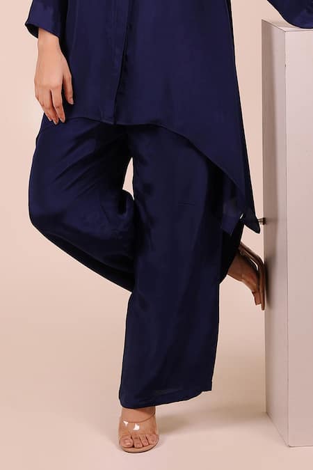 Myra Clothing Line_Navy Crepe Sequins Mandarin Collar, Button-down Abstract Pattern Top And Pant Set _Online_at_Aza_Fashions