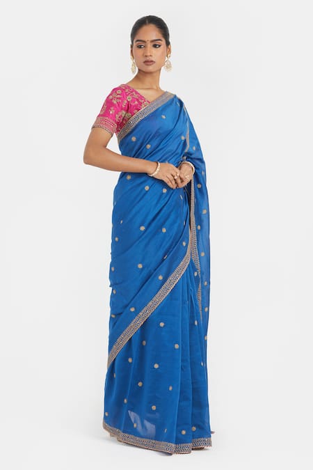 Buy_Kora_Blue Organza, Chanderi Embroidery, Zari, Beads, Dori Booti Saree _Online_at_Aza_Fashions